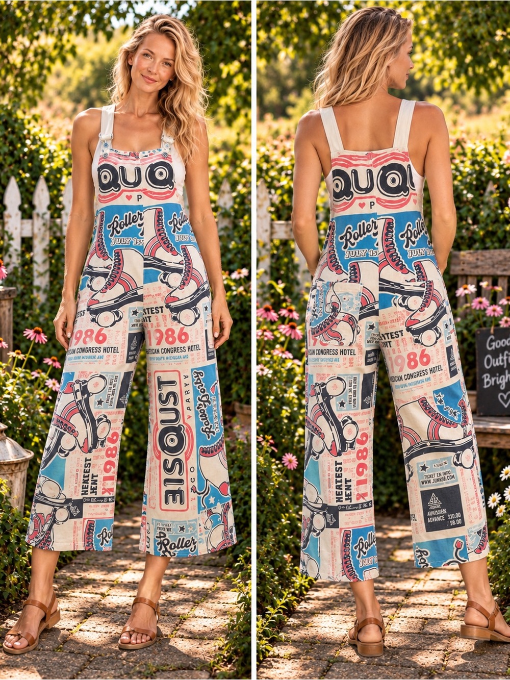 Vintage Sack Roller Derby Graphic Overalls One Size Cropped Wide Leg Boho